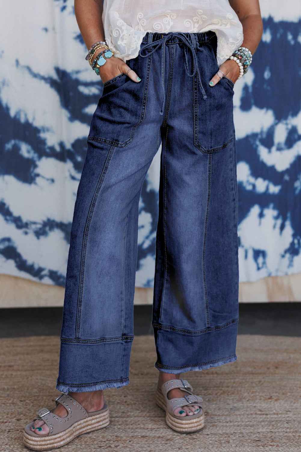 Beau Blue Drawstring Seam Detail Raw Hem Wide Leg Jeans Prussian Blue 75%Cotton+23%Polyester+2%Elastane 7c96579a1b2bb1a5