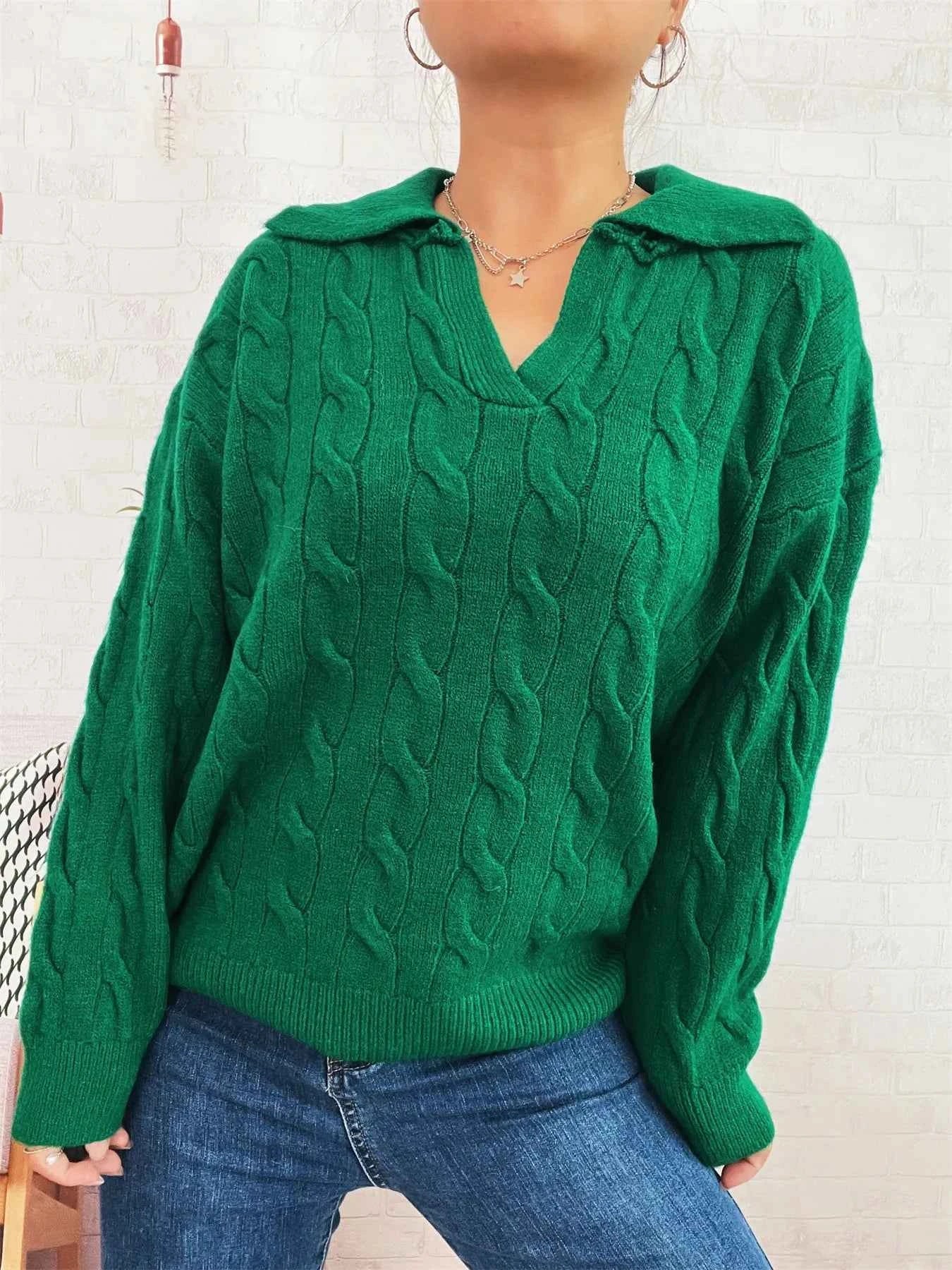 Cable Knit Johnny Collar Sweater Green One Size 7caf3009c3f443648d3298b802758c46-Max-Origin