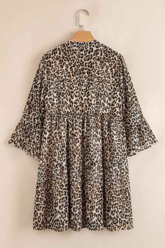 Leopard 3/4 Sleeve V-Neck Dress