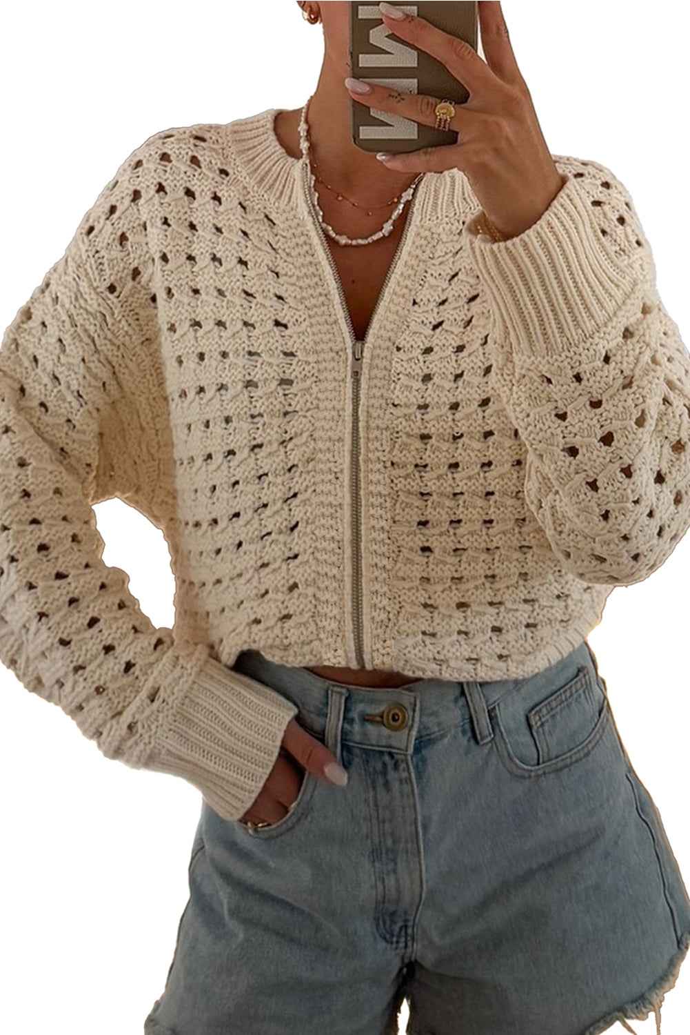 Beige Hollowed Pattern Knit Zip Up Drop Shoulder Cardigan 7d65db8ea4ef9474