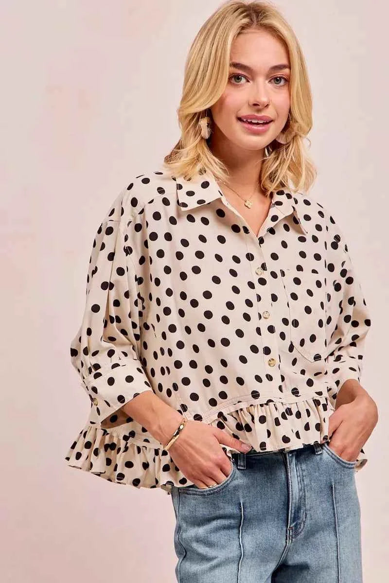 BiBi Polka Dot Printed Peplum Top with Front Button 7da10f7120af41f480306f7b1b67fc40-Max-Origin