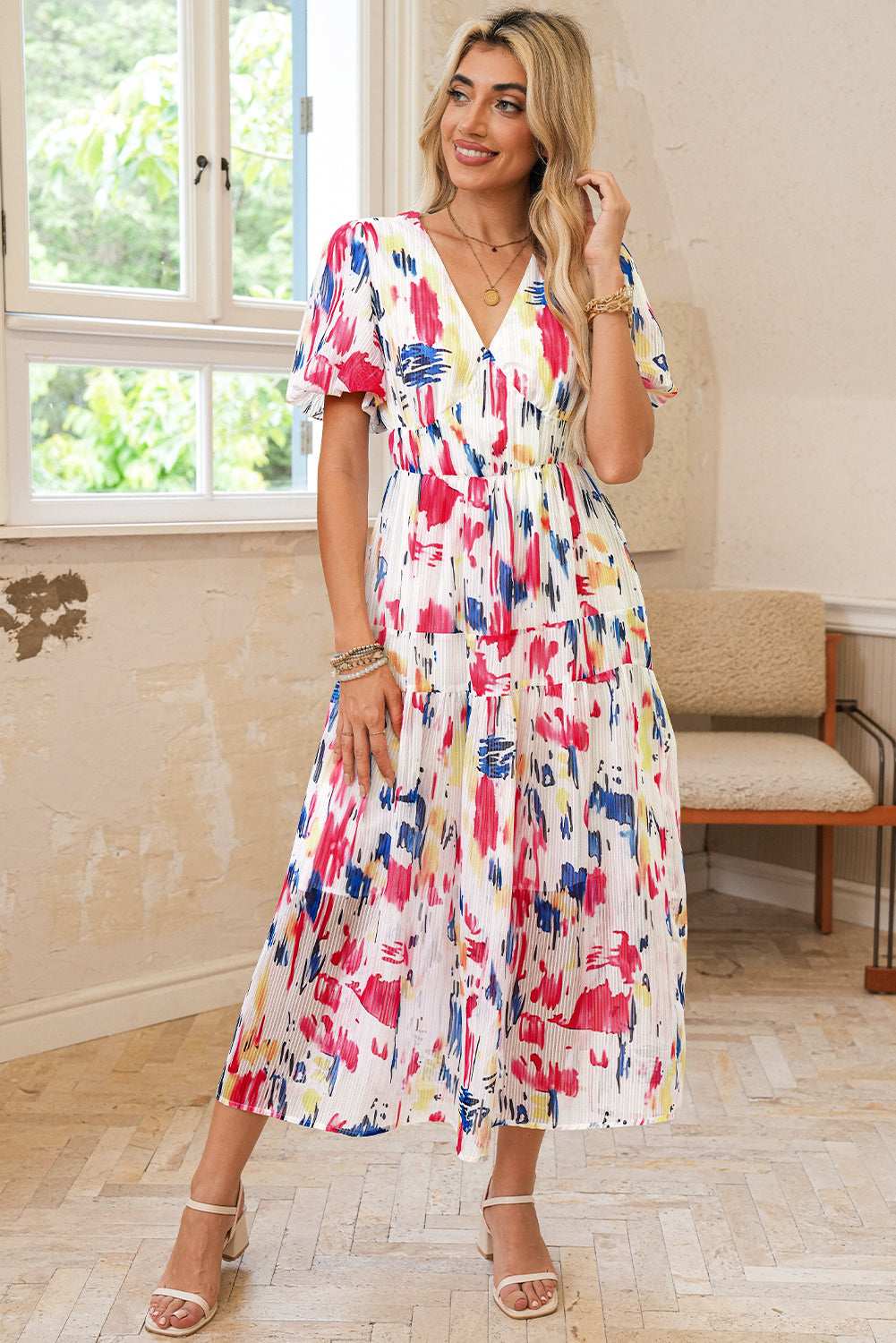 Sky Blue Abstract Print Short Puff Sleeve Tiered Maxi Dress 7da7cbc23036e522-_15