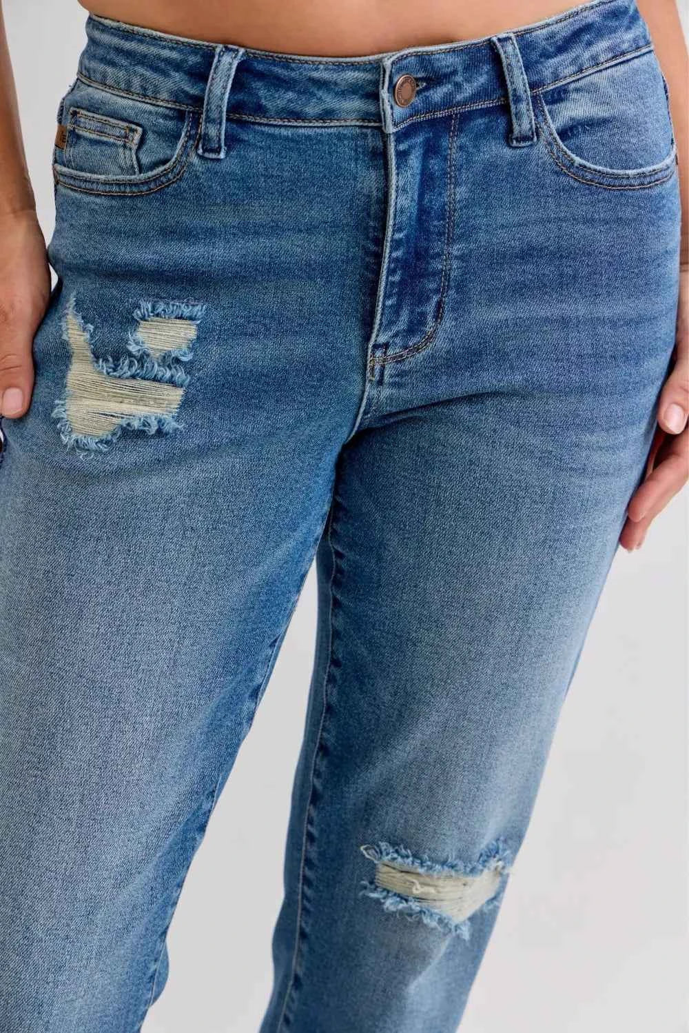 Judy Blue Full Size Mid Rise Bf Patch & Repair Destroy Release Hem Jeans Plus Size 7dc76a9e78f14060816865e35071e42f-Max-Origin