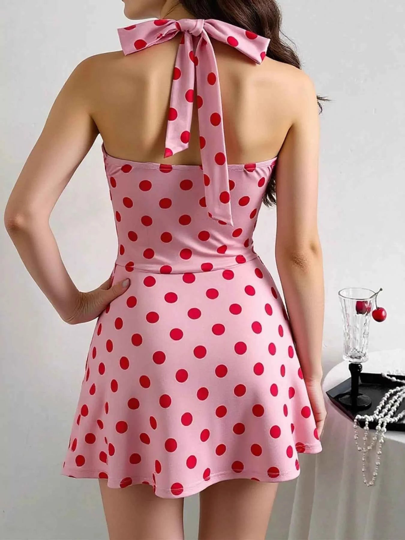 Polka Dot Halter Neck Twisted Front Mini Dress 7e234f838f2649468839de847e3921ca-Max-Origin