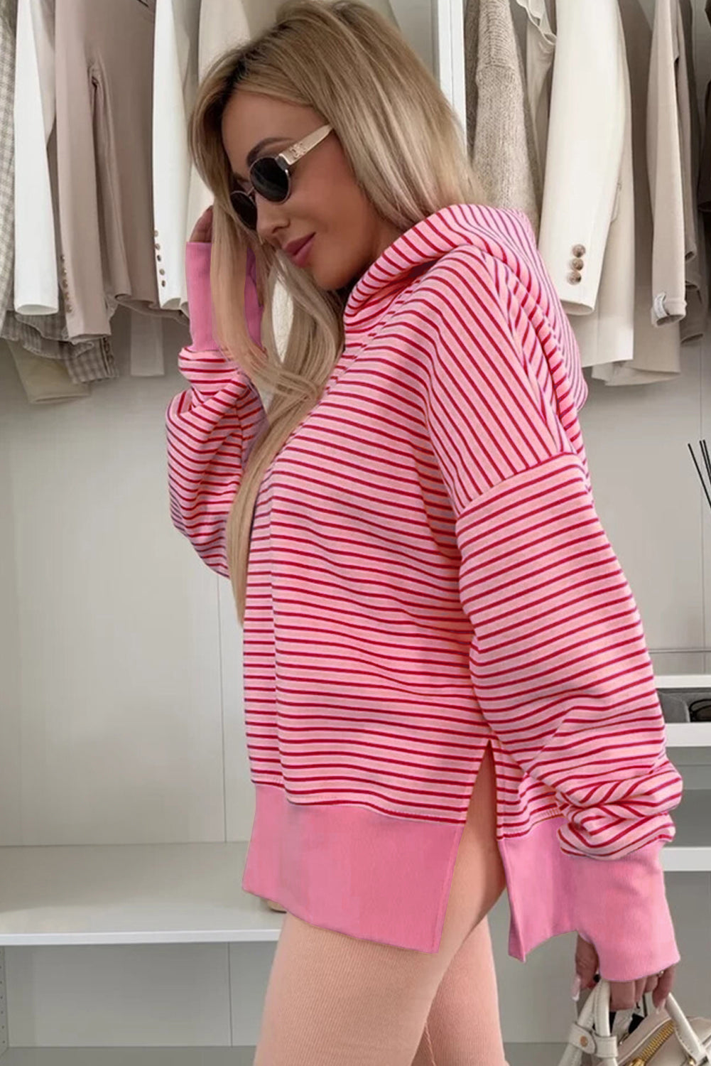 Rose Stripe Thumbhole Side Slits Drop Shoulder Loose Fit Hoodie 7e3ae9678c2e0458