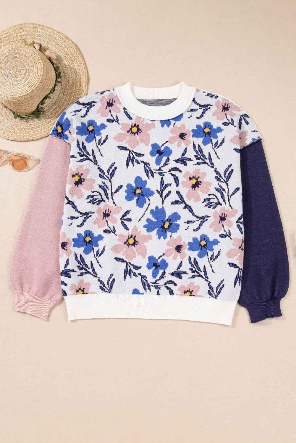 Khaki Vibrant Floral Contrast Colorblock Sleeve Pullover Sweater 7e61aae45f379671