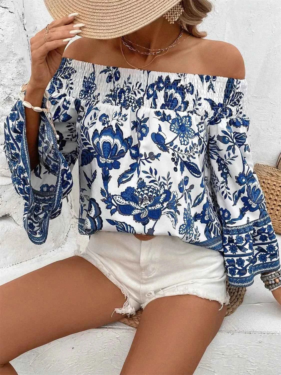 Smocked Printed Off-Shoulder Blouse 7e62a133-b427-449c-942b-5d7e4e556461-Max-Origin