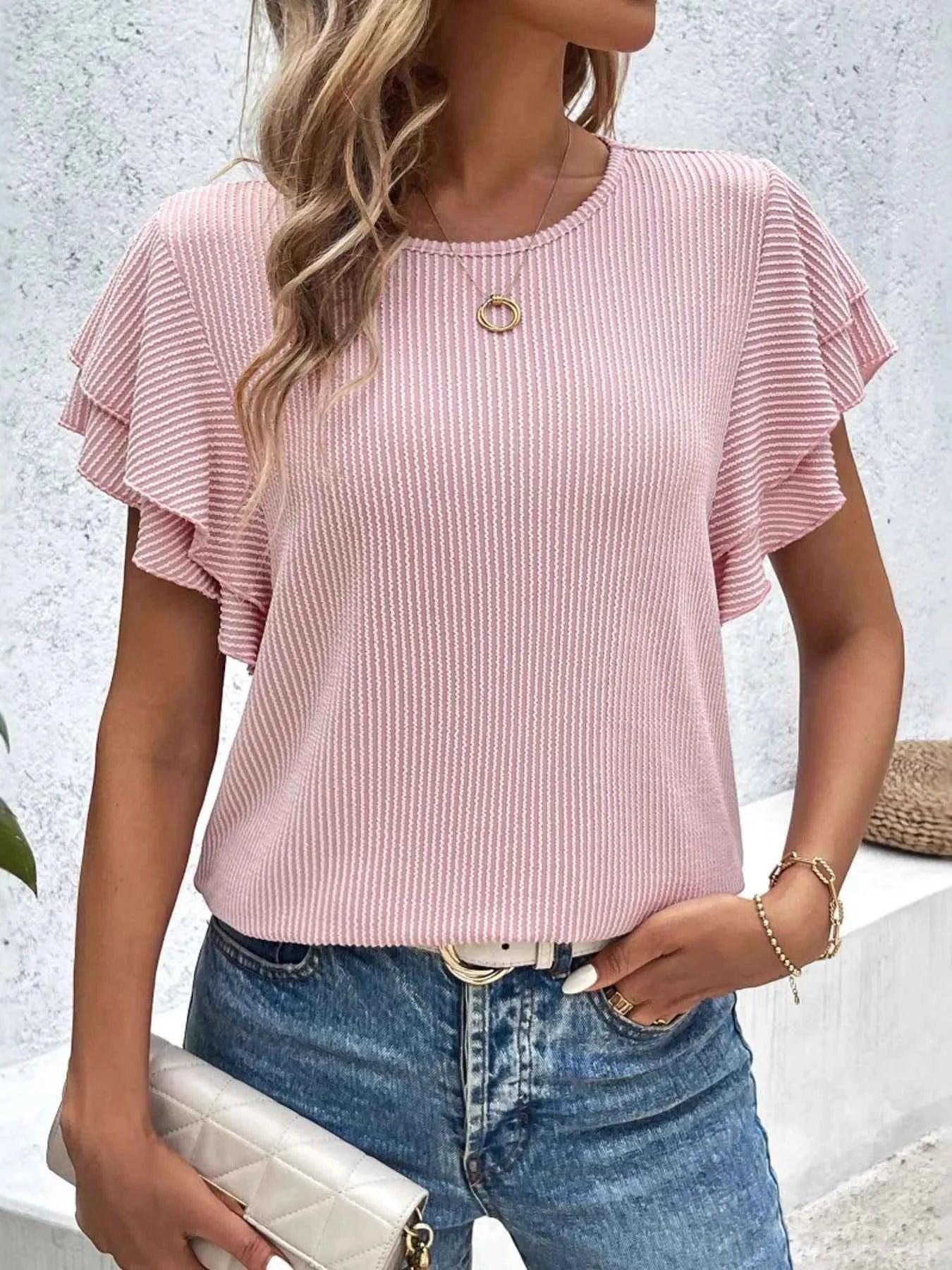 Ribbed Flutter Sleeve T-Shirt Dusty Pink 7e9190adeec04c3d9998cea62ff10da5-Max-Origin
