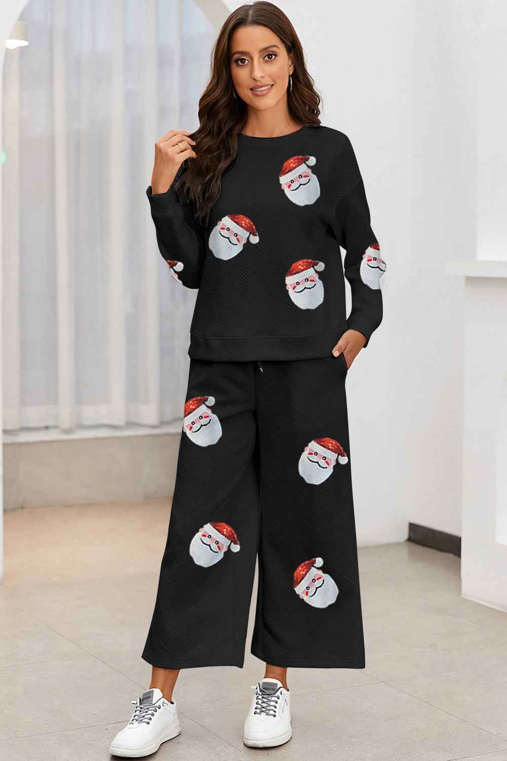 Black Christmas Santa Clause Graphic Sequins Patch Textured Pants Set 7ea1bb8efe7ba72e