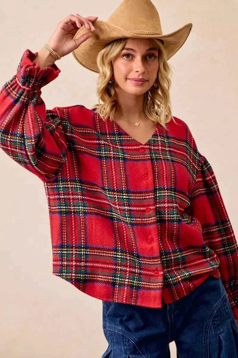 BiBi Christmas Plaid V-Neck Flounce Sleeve Jacket 7ecdf1920e9b49f6a884e61a19e73d58-Max-Origin