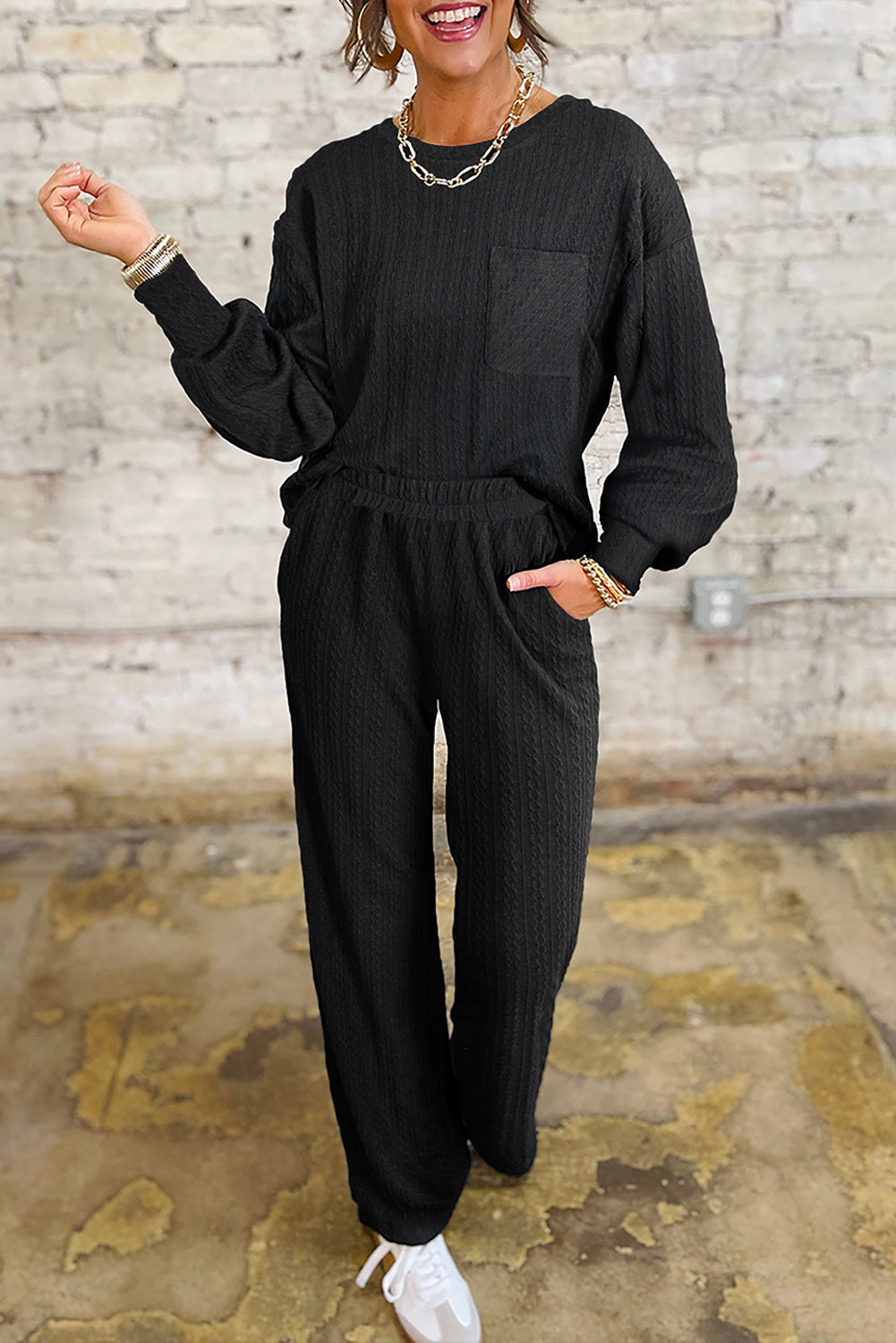 Black Textured Chest Pocket Drop Sleeve Top and Pants Set 7f3b8f0307ebe6b8