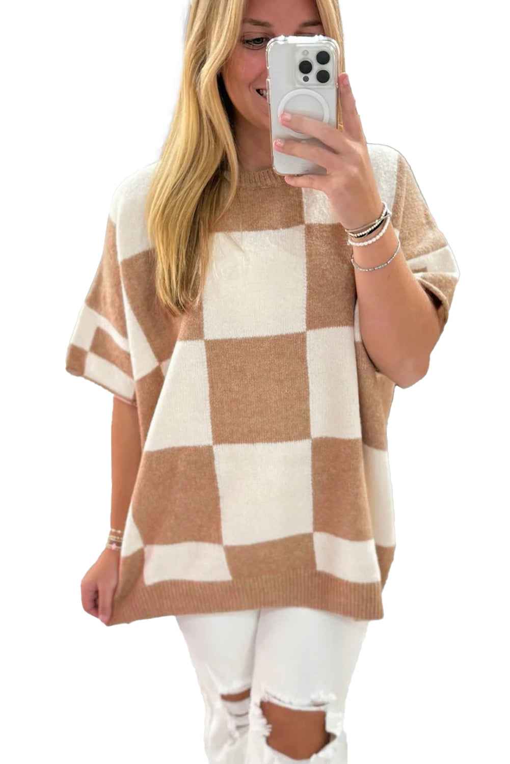 Black Checkered Pattern Loose Short Sleeve Sweater 7fb4c3b0a6d522d2