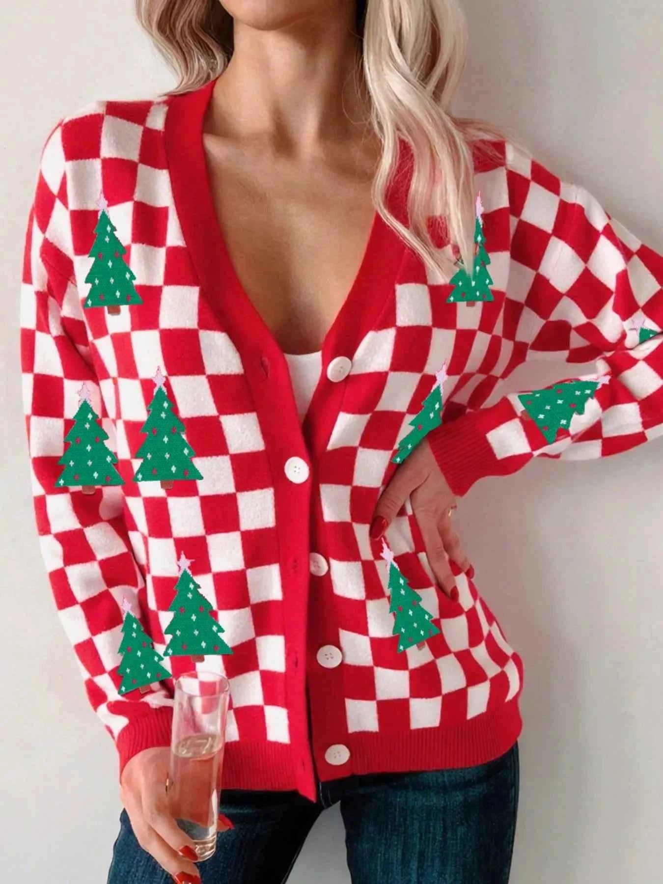 Christmas Tree Pattern Checkered Button V Neck Cardigan 800ffadb-10d2-44d5-9f78-3db70e99381b-Max-Origin