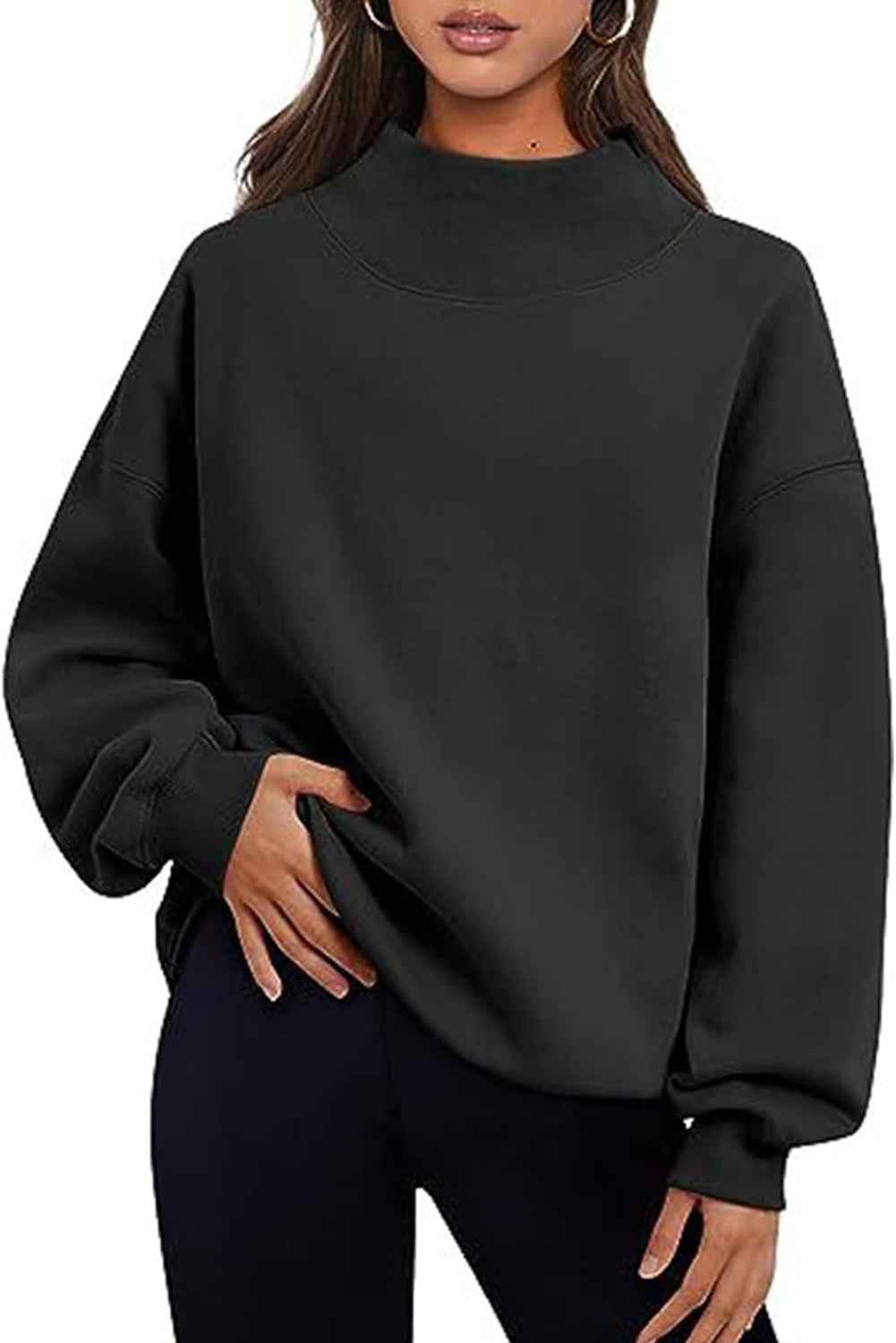 Chicory Coffee Solid Color High Neck Long Sleeve Loose Sweatshirt Black 95%Polyester+5%Elastane 80412df219fc1200