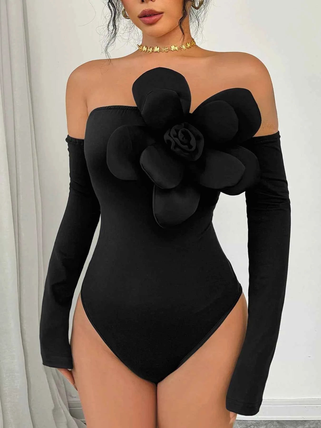 Flower Off-Shoulder Long Sleeve Bodysuit Black 80417441-9a21-4f6a-99c2-c606be960cd7-Max-Origin