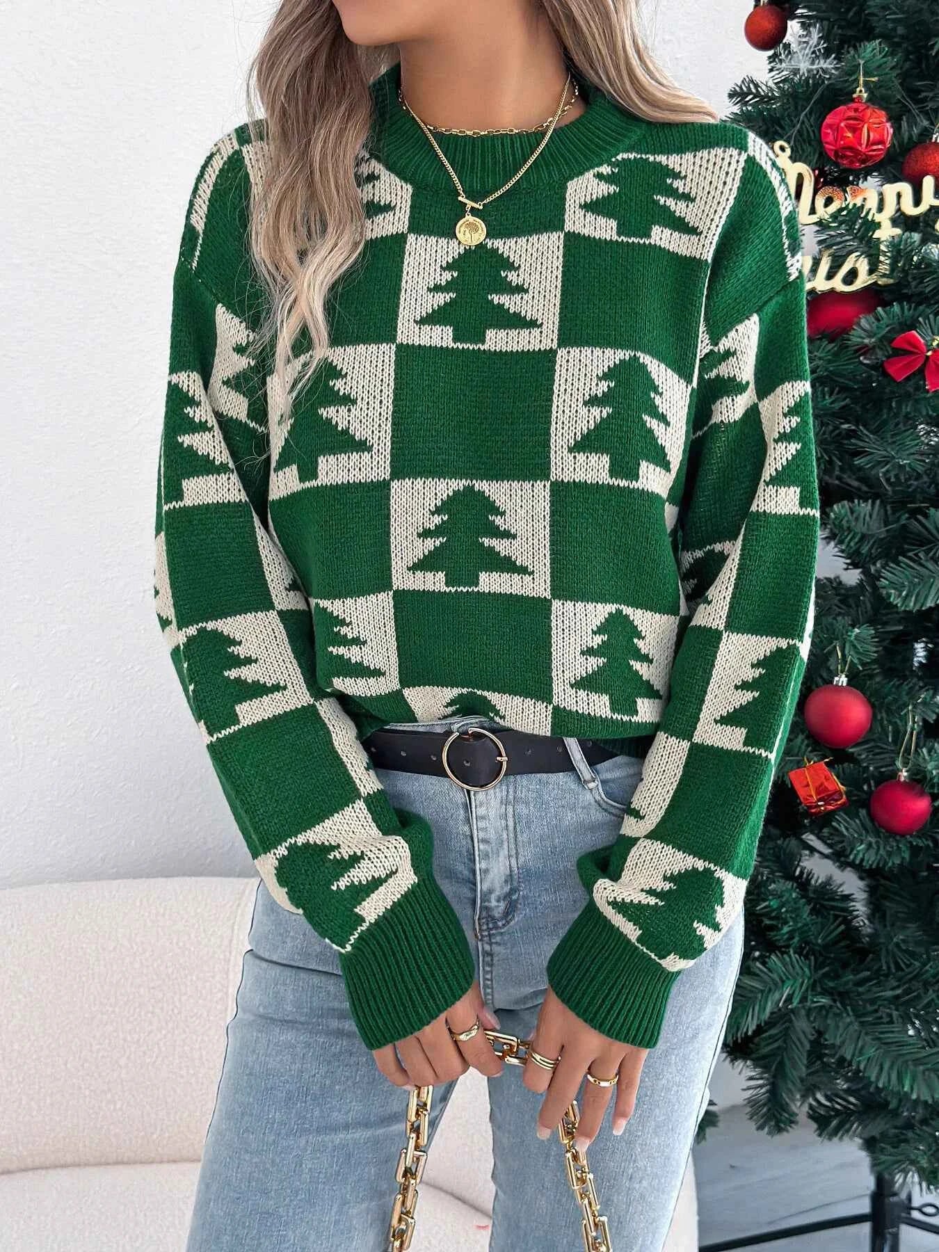 Christmas Tree Checkerboard Pattern Sweater Green 805365c900614bdf967682d525dcdf6d-Max-Origin