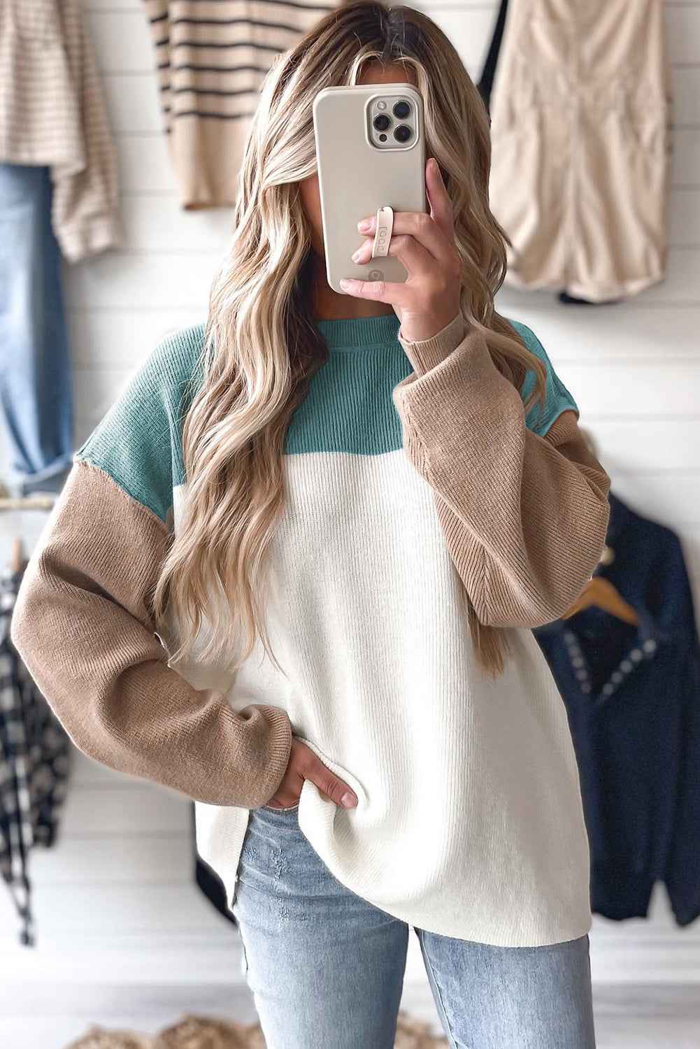 Green Colorblock Ribbed Knit Baggy Sweater 807fd2862773a21a