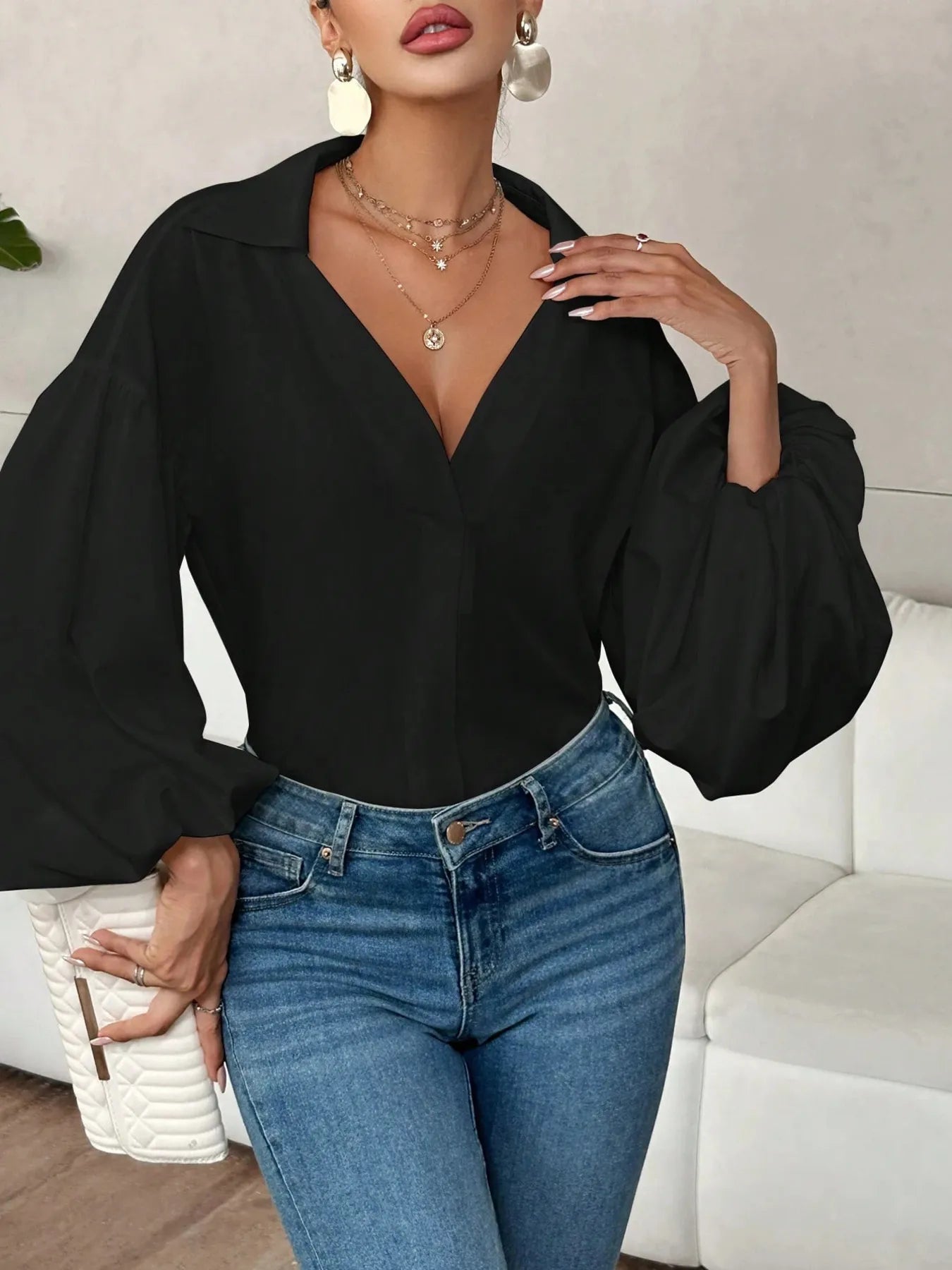Polka Dot Balloon Sleeve Blouse Black 80a162309ca047c68a1d0198af169342-Max-Origin