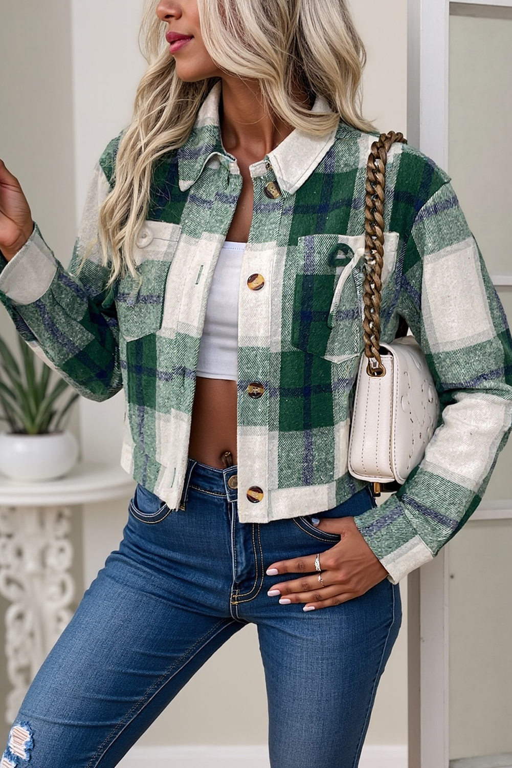 Green Plaid Flap Pocket Cropped Shacket 80b0c02fe78a36d5