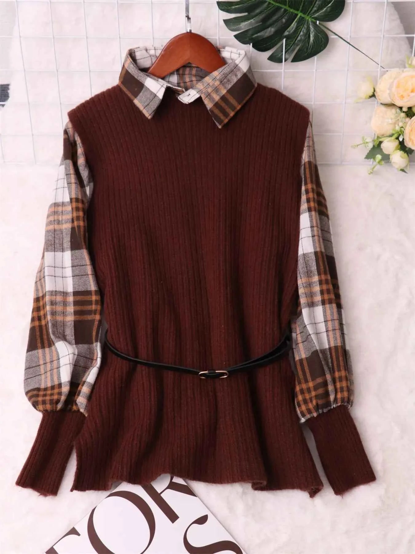 Plaid Long Sleeve Sweater Dress Khaki One Size 8104087d1a384123acf720e7bd101e10-Max-Origin