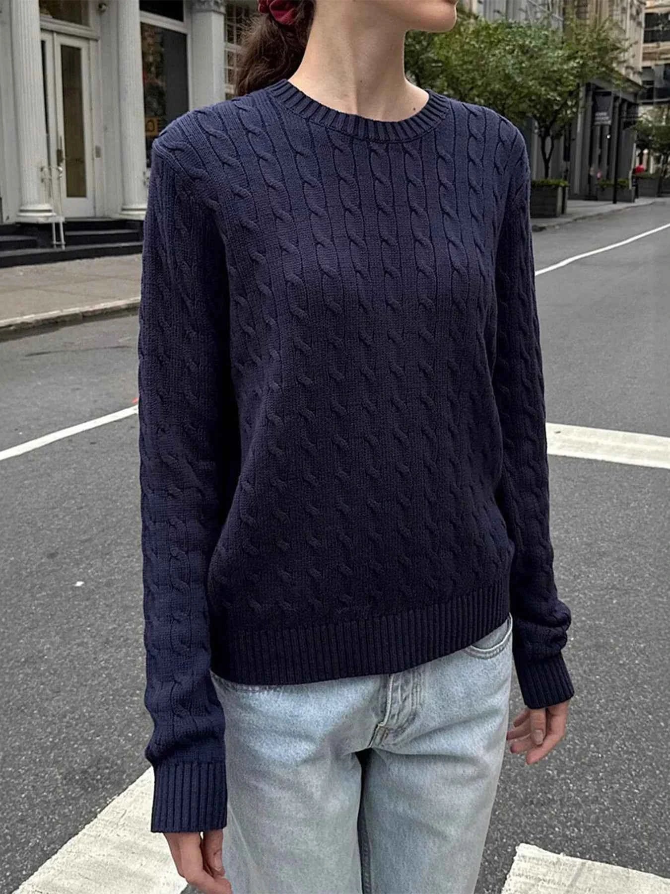 Cable-Knit Round Neck Pullover Sweater Dark Blue 8196e04fed284829baec313a560a944c-Max-Origin