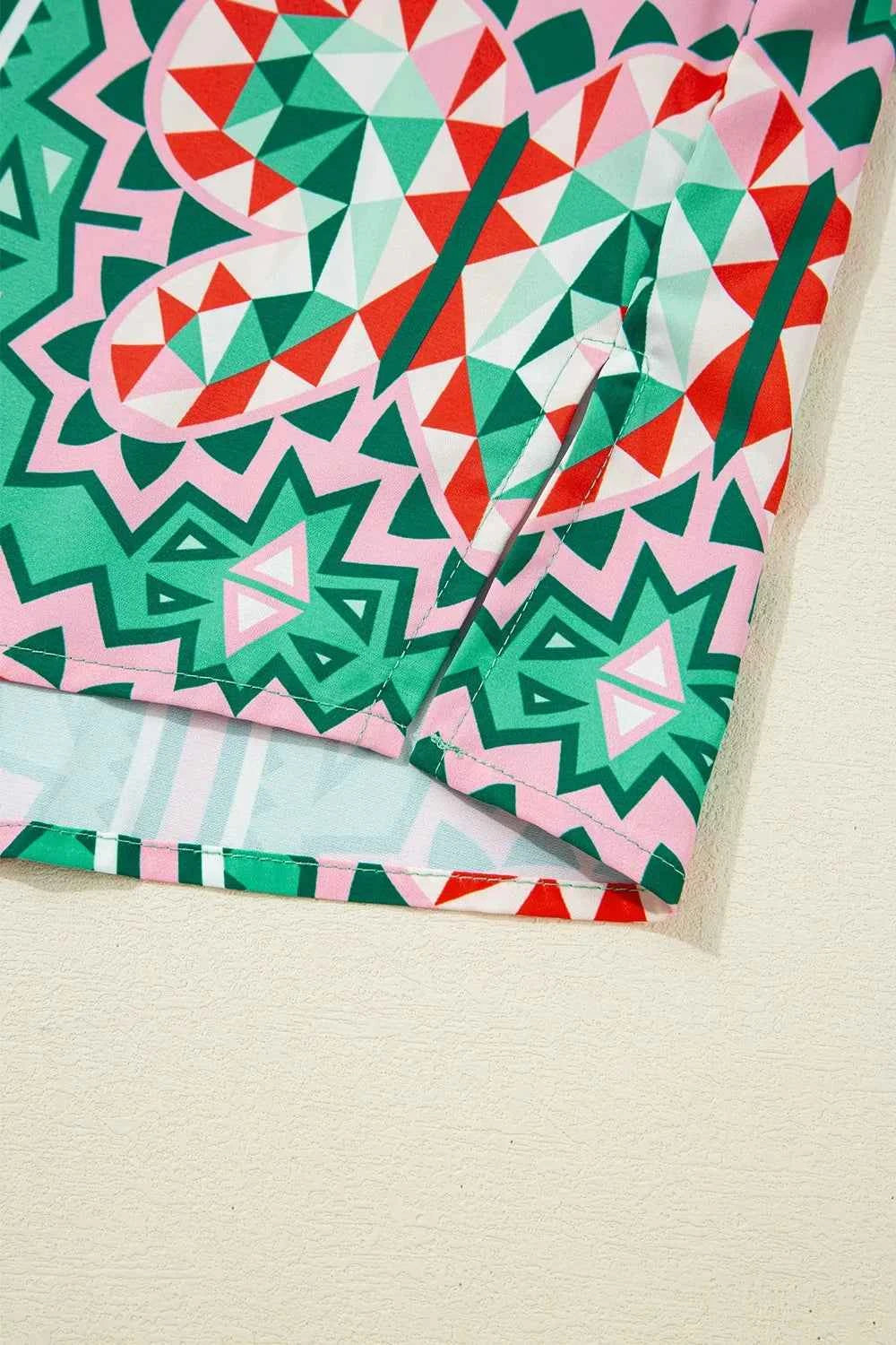 Boho Abstract Print Contrast Striped Collared V Neck Blouse 81a2922c-8c46-4d24-9671-cf2a70566f96-Max-Origin