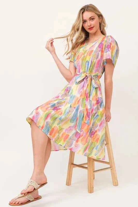 Lime 'N' Chili Watercolor Print Tie Front Midi Dress 81c495ed684b4eb59e8bf0c4073d2d24-Max-Origin