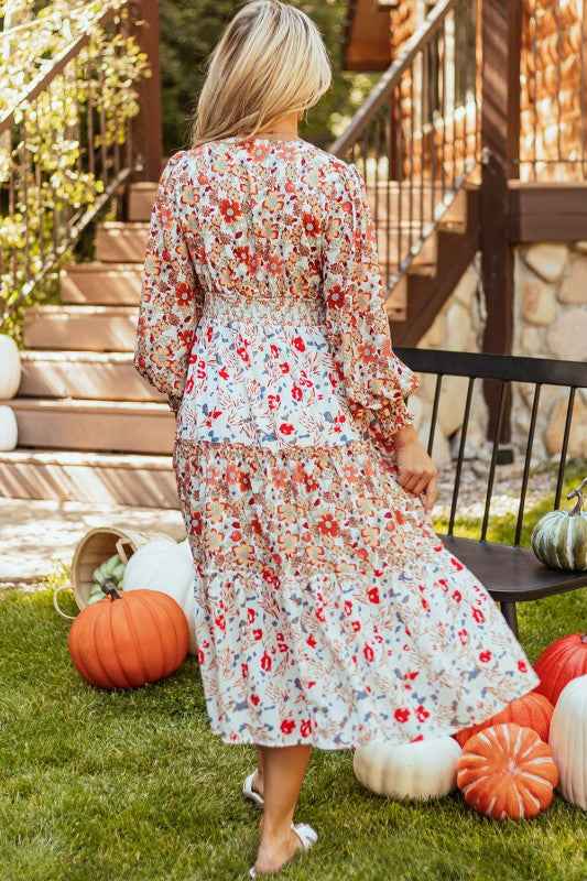 Floral V-Neck Ruffle Long Sleeve Midi Dress 81d0d01e-9082-4038-90aa-3a750b74acc7