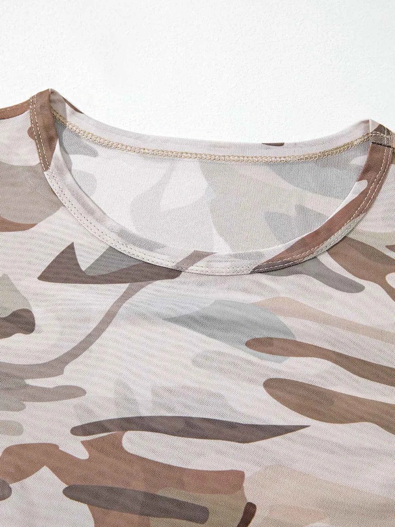 Camouflage Print Mesh Long Sleeve Top 81e4f61a856c4700baa3c4d732bf2eac-Max-Origin