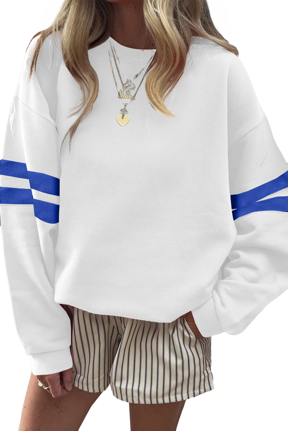 White Preppy Striped Sleeve Loose Sweatshirt White 65%Polyester+35%Cotton 81eaf5a1b599a547