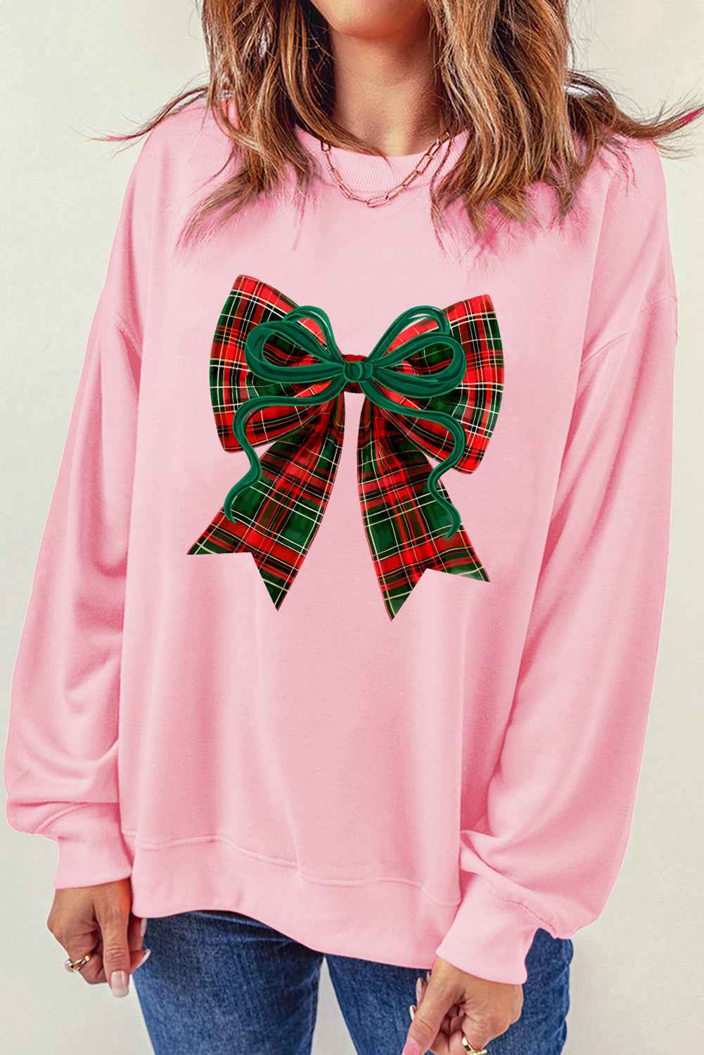 Pink Plaid Bow Heat Transfer Printing Christmas Vibe Sweatshirt Pink 50%Polyester+50%Cotton 823e090b72f50e59