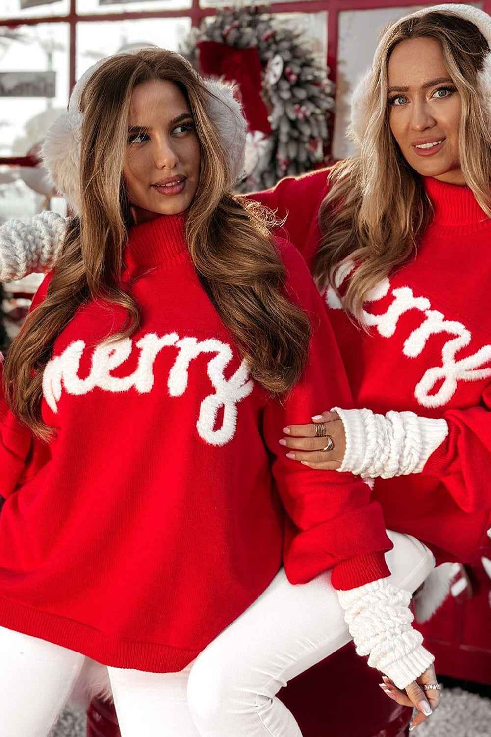 Fiery Red Merry Snowflake Pattern Christmas Turtleneck Sweater 8272cfed99b26948
