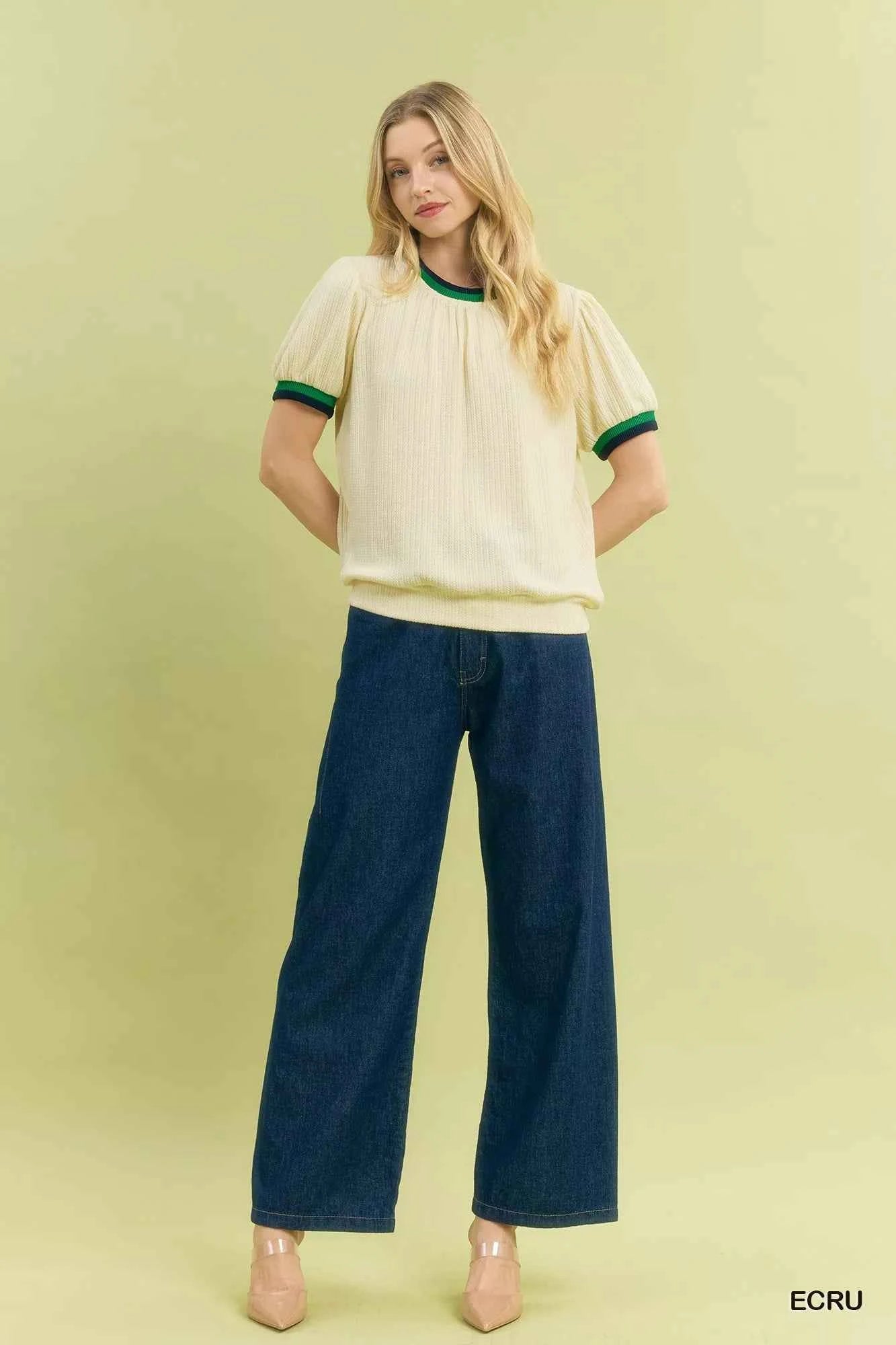 Umgee Puff Sleeve Knit Top with Contrast Rib Trim