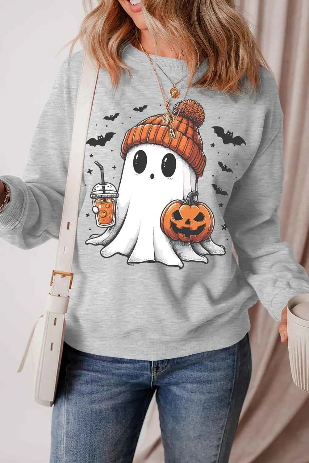 Ghost Round Neck Long Sleeve Sweatshirt Gray 82c82c54-7429-4514-86bb-9e6a6dca5b7a-Max