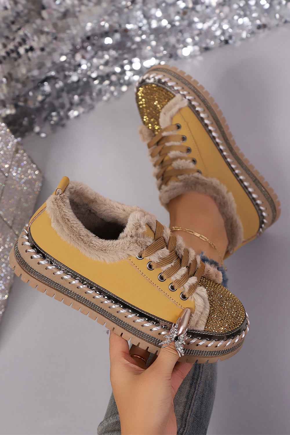 Thai Curry Fur Trimmed Patchwork Lace Up Platform Sneakers 82cf458e8e965753