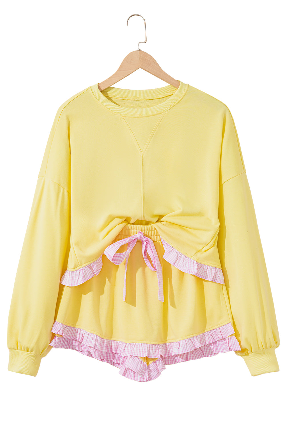Yellow Cream Gingham Ruffle Hem Long Sleeve Pullover and Shorts Set Yellow Cream 80%Polyester+20%Cotton 82d12c1383e05aad