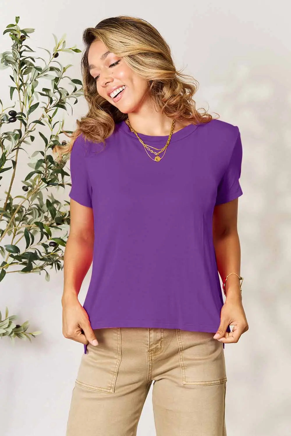 Basic Bae Full Size Round Neck Short Sleeve T-Shirt Purple 82eb9b329c1e425194de75218ff908b1-Max