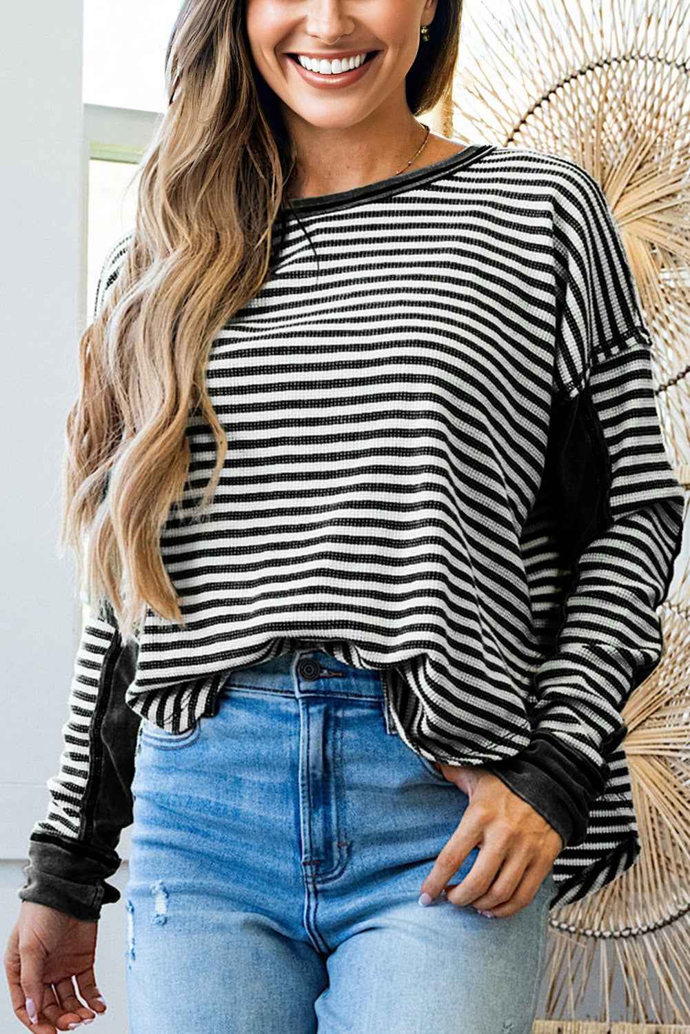 Khaki Stripe Patchwork Knit Drop Shoulder Top Black Stripe 95%Polyester+5%Elastane 82ed19fffb97de21