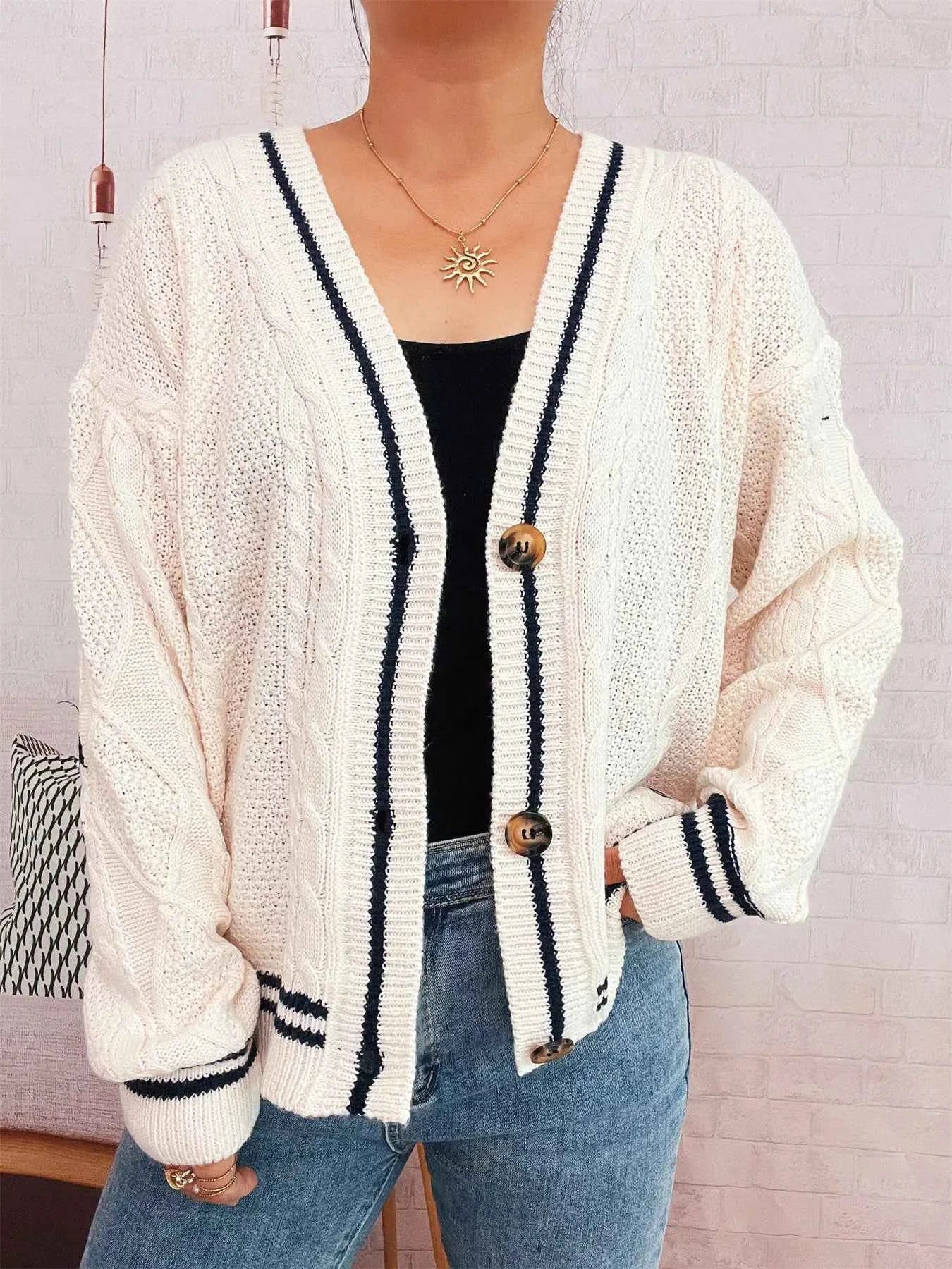 Star Pattern Button-Up Cardigan with Contrast Trim 8321efbf45c242898e51a4809f3099b9-Max-Origin