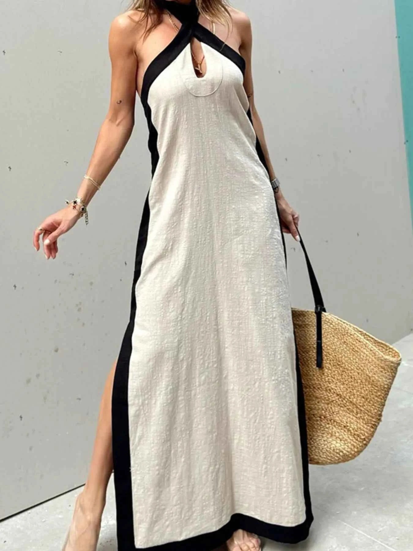 Contrast Halter Sleeveless Maxi Dress Apricot 8380c7d4-66f0-4a08-8463-7ebfb71e661a-Max-Origin