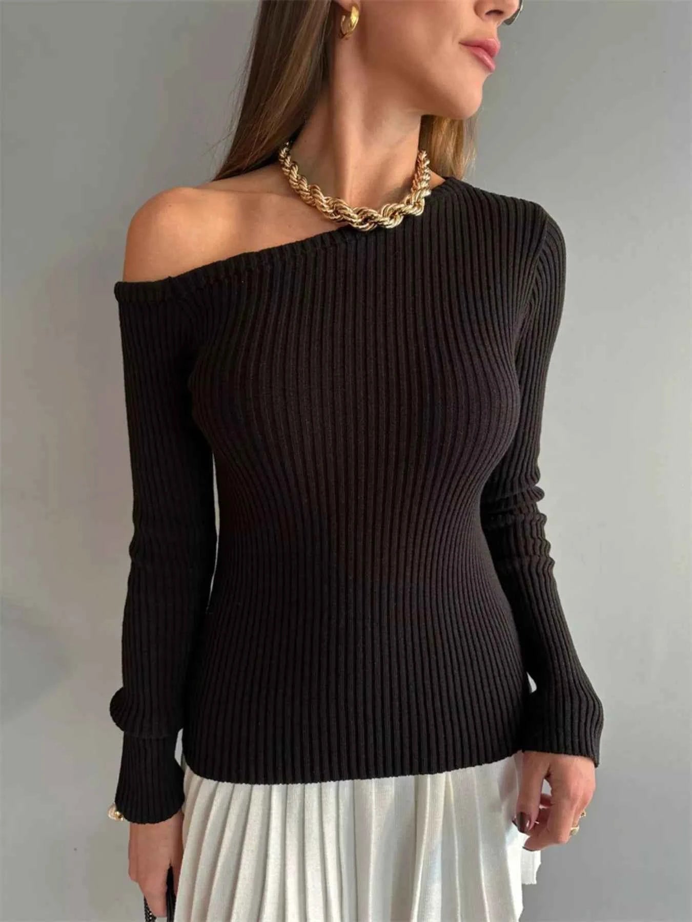 Ribbed Single Shoulder Sweater Black 838a8312-8732-4bea-bcac-363247627fad-Max-Origin