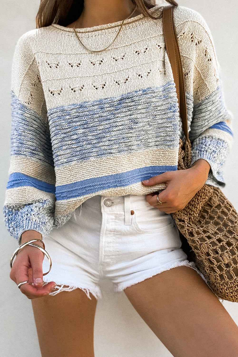 Light Blue Striped Hollow Out Puff Sleeve Sweater 838e6423c8a475b8