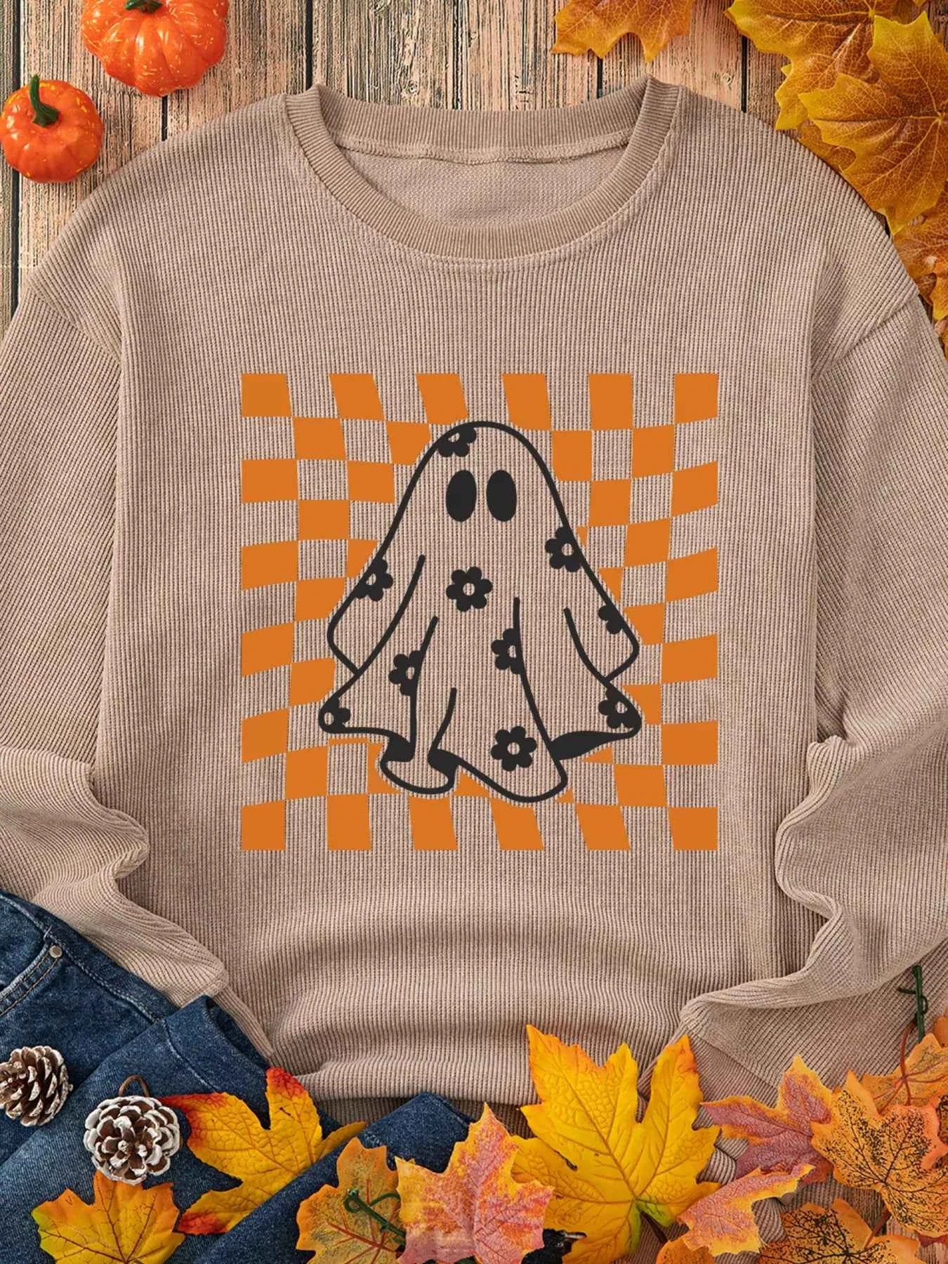Halloween Checkerboard Floral Ghost Graphic Corded Sweatshirt 83c509ed53eb4efd91fe035180df547b-Max-Origin