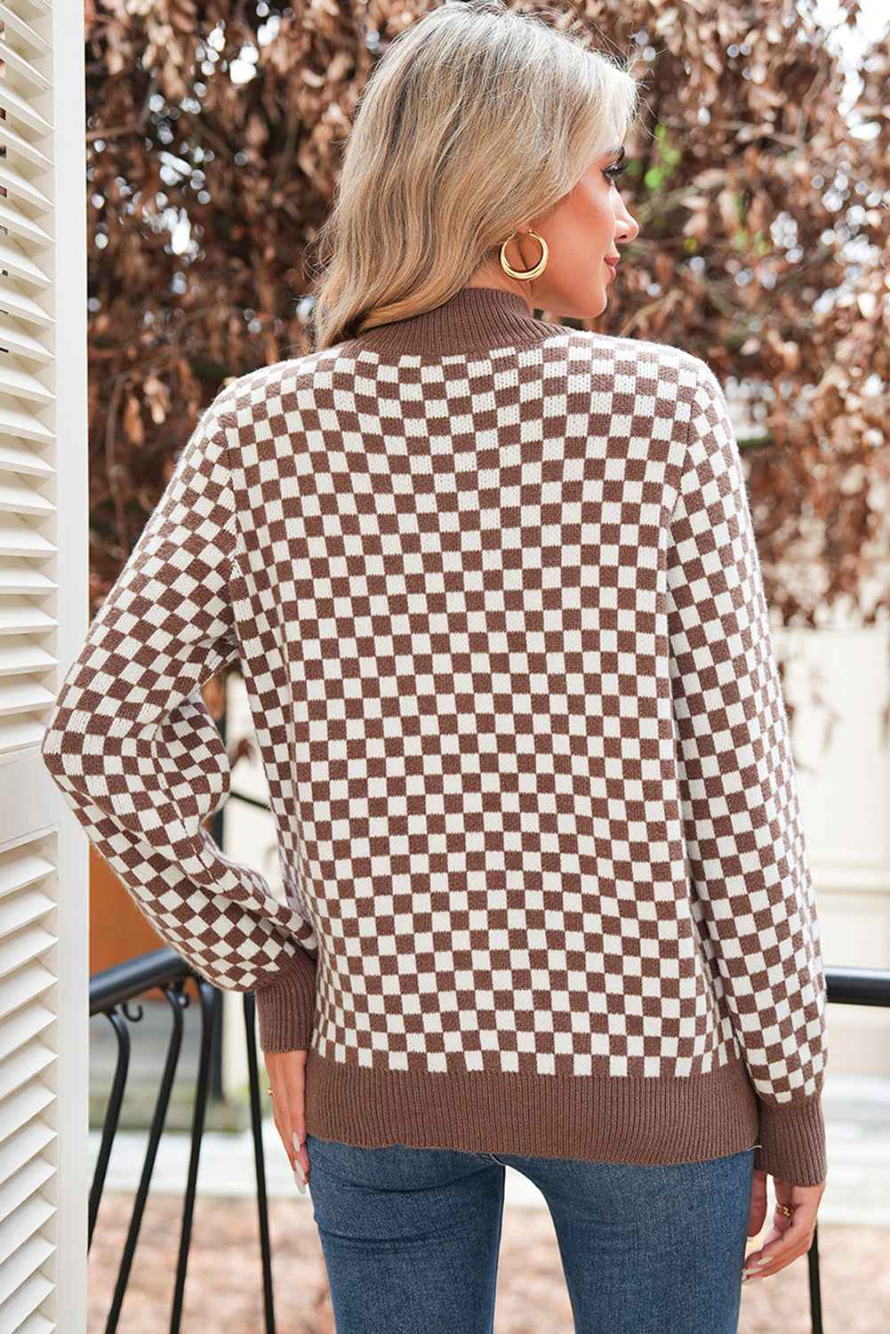 Dark Brown Plaid Contrast Trim Button Neck Sweater 83c8e4af59d5f1c6