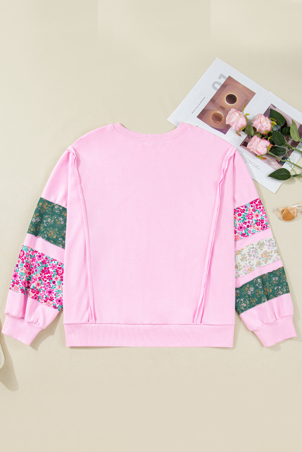Pink Plus Size Mix Floral Patched Sleeve Ribbed Trim Baggy Sweatshirt 83d4555a8ea80c9f