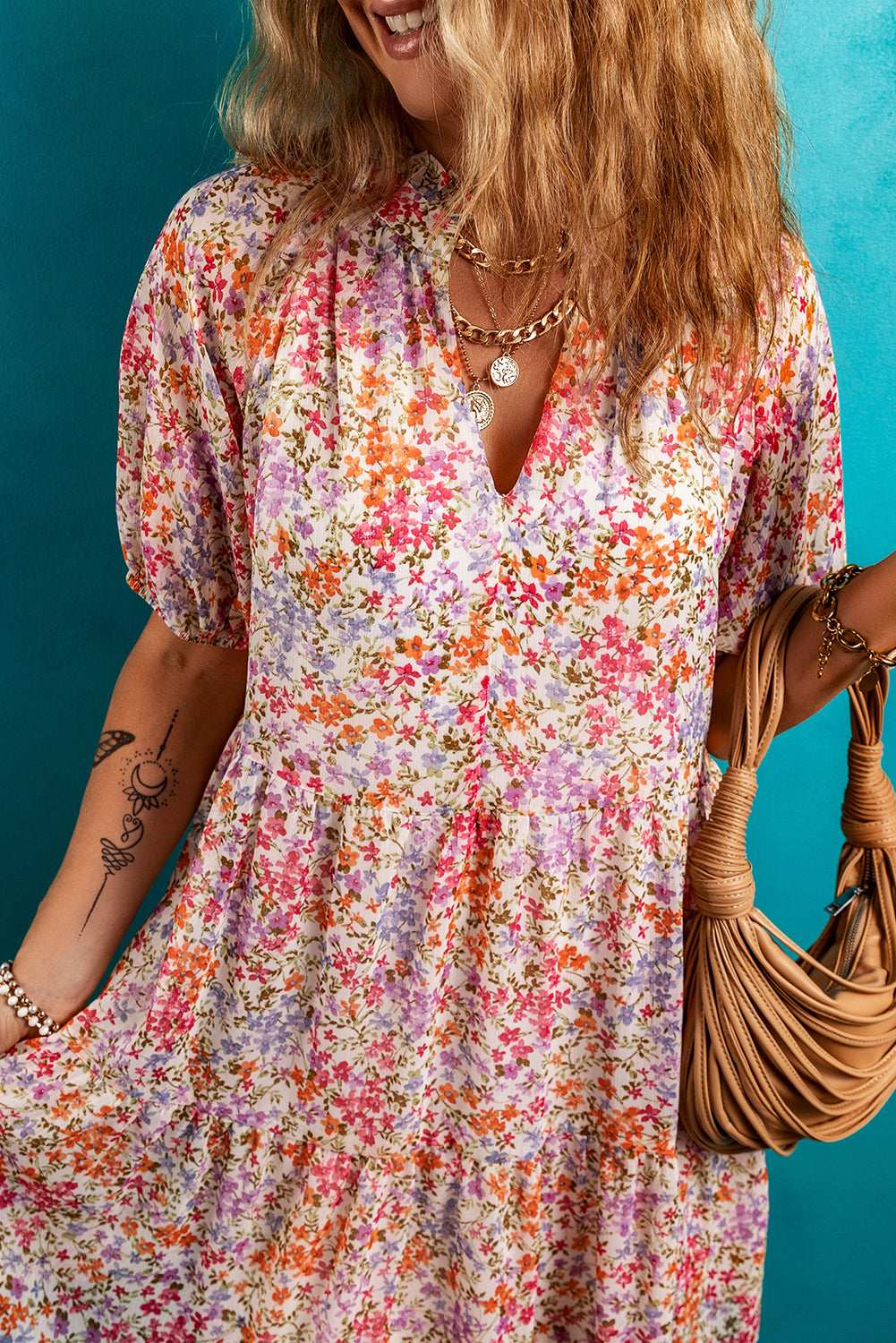 Red Floral Print Notched V Neck Puff Sleeve Tiered Mini Dress 84026c98295d32b2-_4