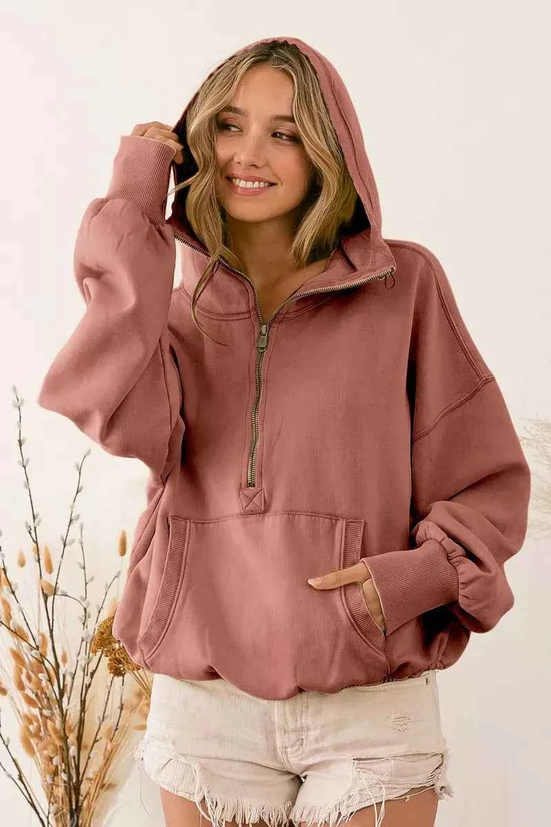 BiBi Stitch Detailed Elastic Hem Half Zip Fleece Hoodie TERRACOTTA 8412003f-1fae-44e1-ade9-3f6d3330d2f6-Max-Origin