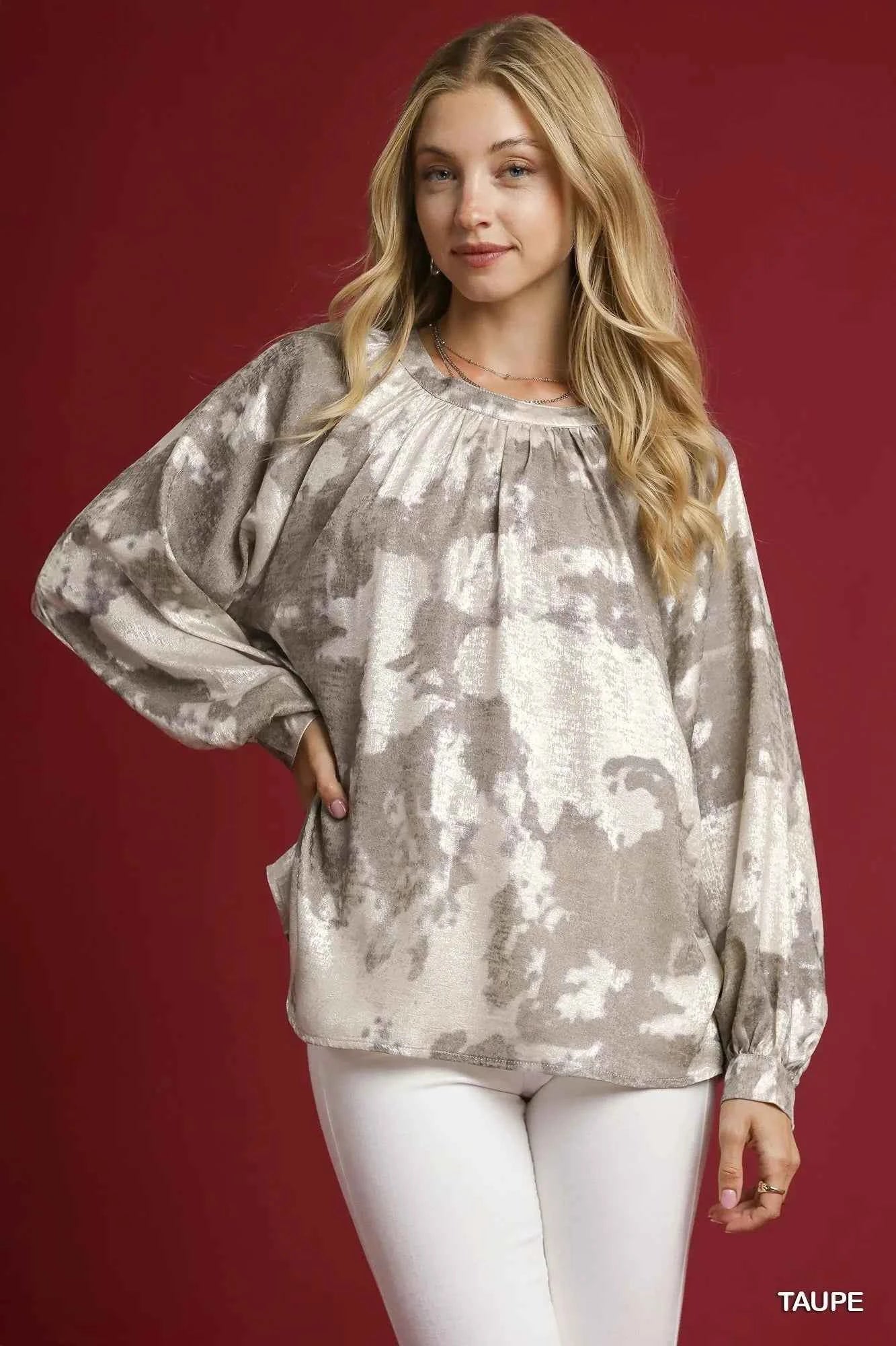 Umgee Full Size Metallic Fabric Blouse with Balloon Sleeves Plus Size TAUPE 84216e6d-830a-4606-982a-0d3c0582f36d-Max-Origin