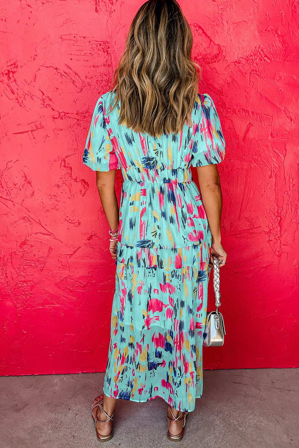 Sky Blue Abstract Print Short Puff Sleeve Tiered Maxi Dress 842b2d0856fa3c0f-_2