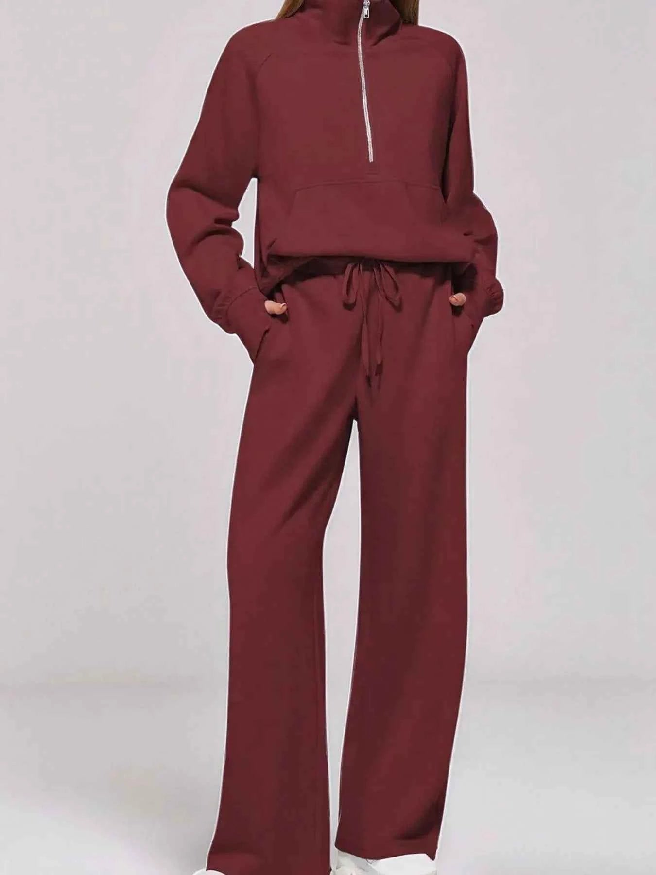 Half Zip Long Sleeve Top and Pants Set Wine Red 843d2762-b4e0-4ebc-a530-32cfe4c61440-Max-Origin
